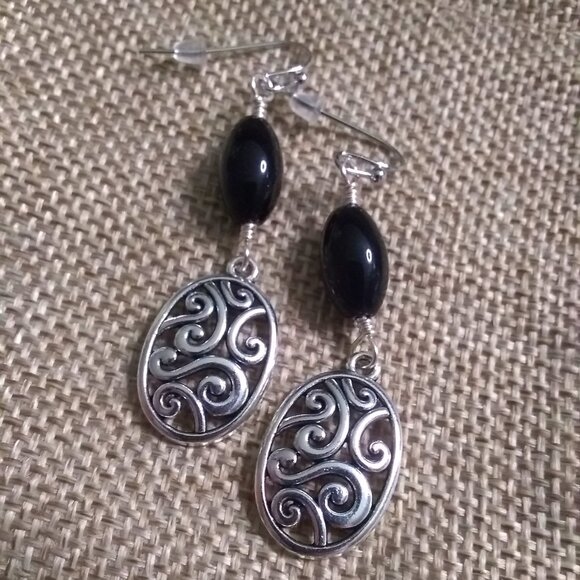 Silver Swirl Filigree & Black Jasper Bead Earrings ~ Feminine Power Tribal Vibes - Picture 5 of 9